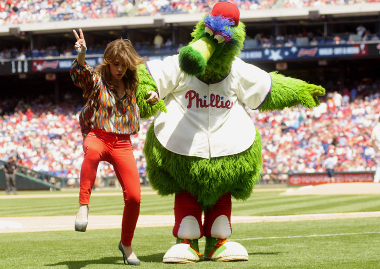 Image: ntertainer Paula Abdul dances with Philadelphia Phillies mascot Phillie Phantic during the Los Angeles Dodgers vs Philadelphia Phillies game in Philadelphia